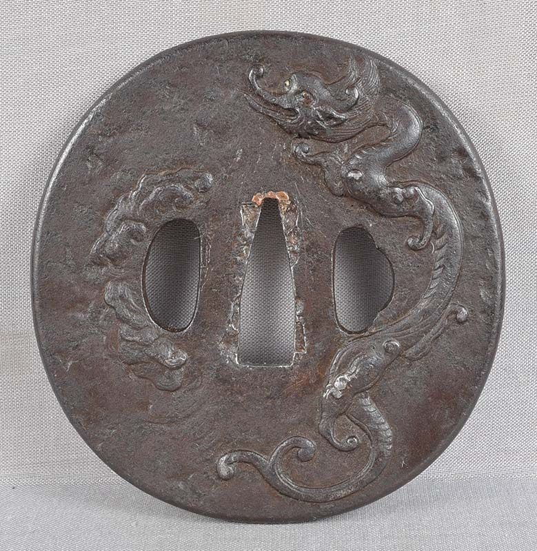 Large 18/19c Japanese sword TSUBA RAIN DRAGON - 5