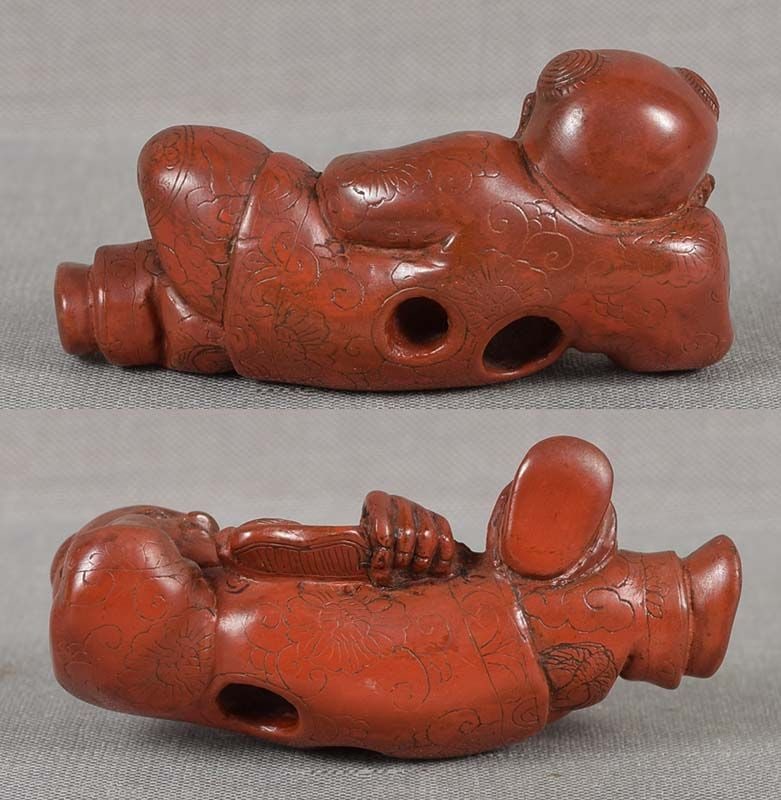 19c lacquer netsuke CHINESE BOY with fan - 4