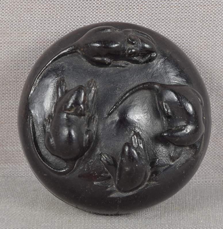 19c ebony netsuke RATS on old hat: 19th century kokutan (ebony) wood netsuke of a group of rats frolicking on top and through the old round rain hat. Wonderfully carved, each animal is in a different attitude, great detailing of the