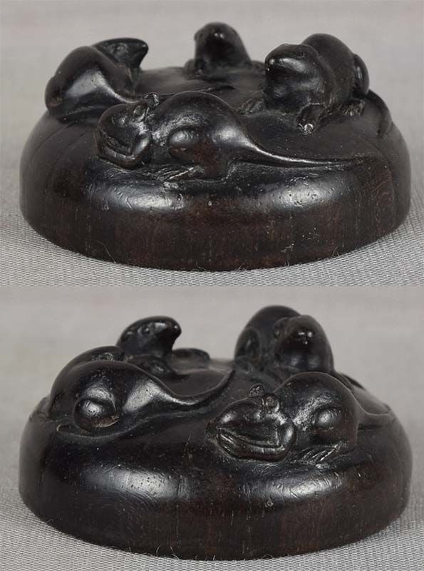 19c ebony netsuke RATS on old hat - 3