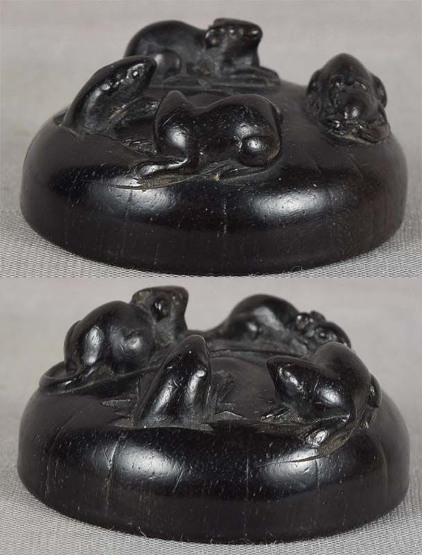 19c ebony netsuke RATS on old hat - 4