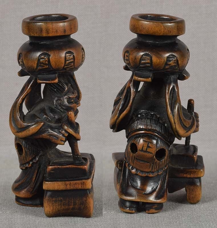 19c netsuke GOSHISHO with incense burner writing poem by MASAKAZU - 5