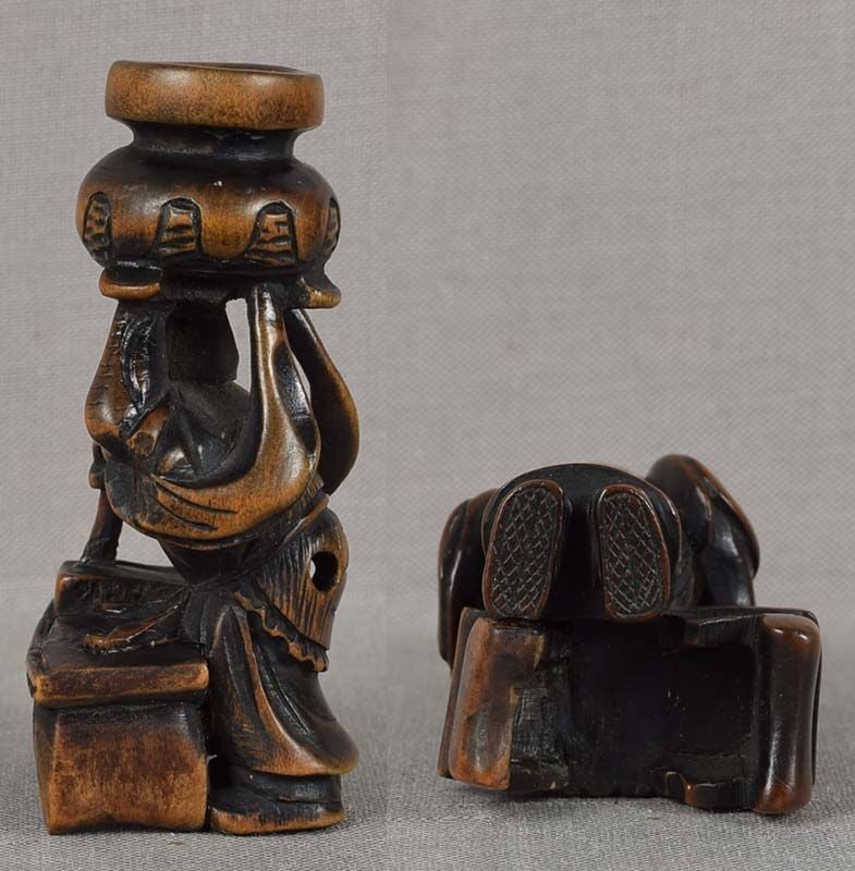 19c netsuke GOSHISHO with incense burner writing poem by MASAKAZU - 6