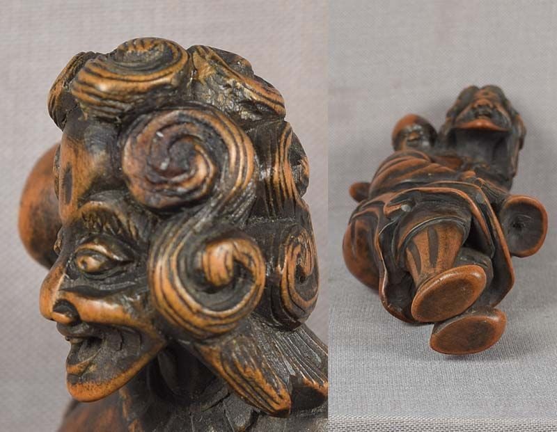 Early 19c netsuke DUTCHMAN with child & trumpet 9.2cm - 5
