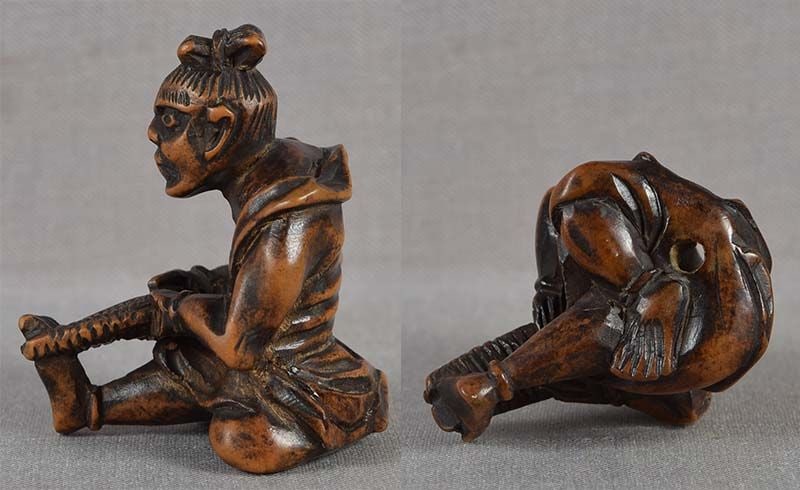 19c netsuke NIO Buddhist Guardian mending straw sandal - 5