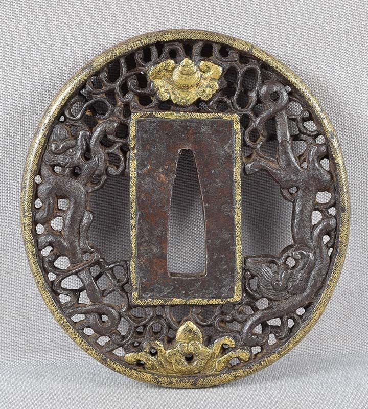 18c Japanese sword TSUBA DRAGONS & Precious Gems - 2