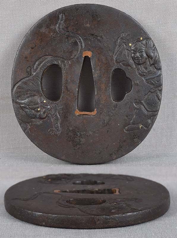 18/19c Japanese sword TSUBA filial piety YOKO & TIGER signed - 3