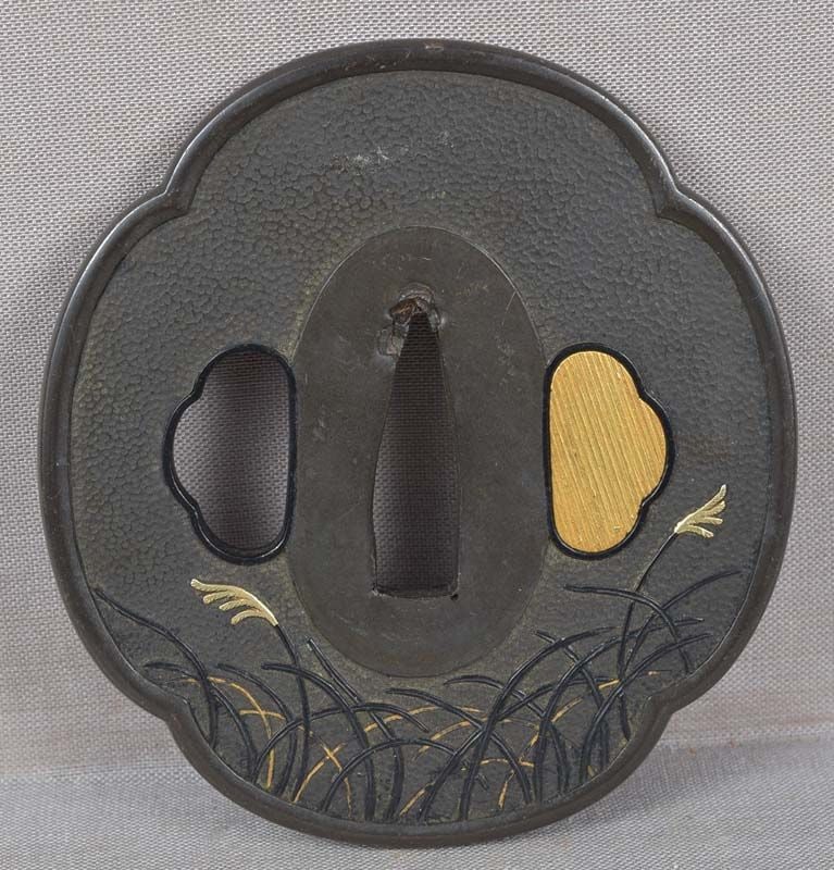 19c shakudo Japanese sword TSUBA autumn grasses: 19th century shakudo Japanese sword tsuba with inlaid decoration of autumn grasses on both sides, all on finely textured ground. Shakudo (an alloy typically consisting of 96% copper and 4% gold)
