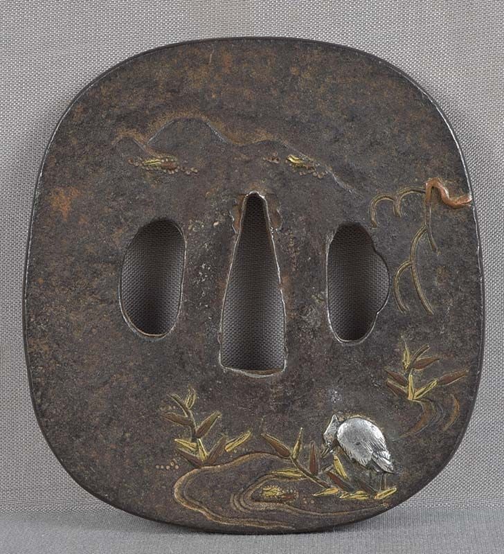 18c Japanese sword TSUBA EGRET by stream (1 of 6)