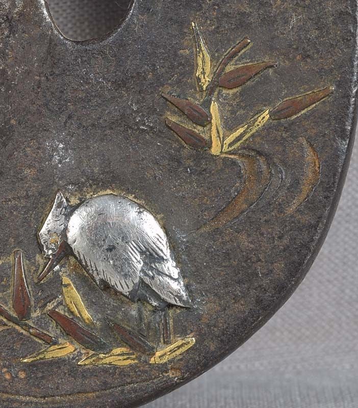 18c Japanese sword TSUBA EGRET by stream - 3