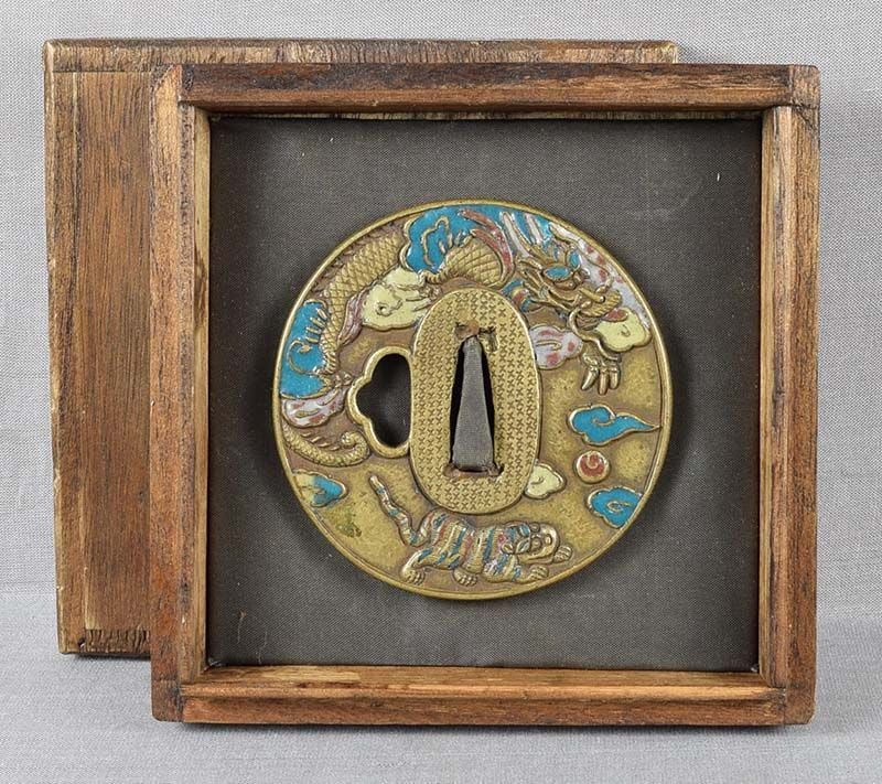 Rare 18c Japanese sword cloisonne TSUBA DRAGON & TIGER: Very unusual late 18th to early 19th century Japanese sword bronze tsuba with cloisonne decoration of a dragon and a tiger about to engage in a fight, the back with design of bamboo and flowering