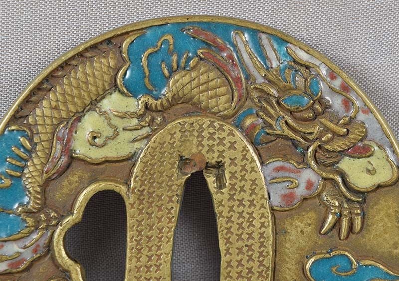 Rare 18c Japanese sword cloisonne TSUBA DRAGON & TIGER - 3