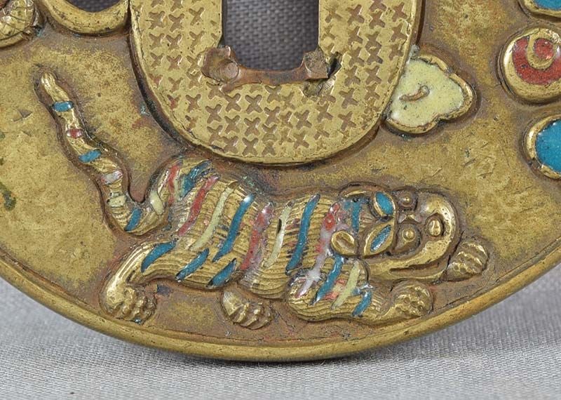 Rare 18c Japanese sword cloisonne TSUBA DRAGON & TIGER - 4