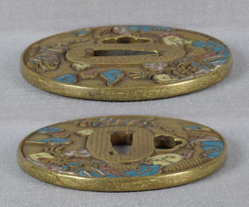 Rare 18c Japanese sword cloisonne TSUBA DRAGON & TIGER - 6