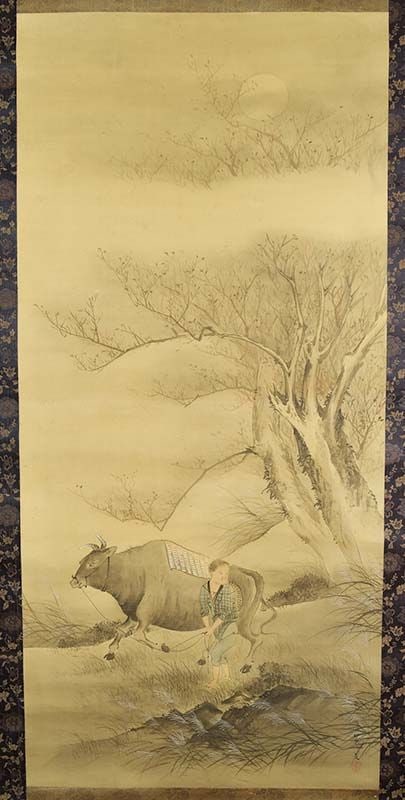 19c Japanese scroll painting BUFFALO & boy by MATSUMURA KEIBUN: 19th century Japanese scroll painting in ink and colors on silk depicting a peasant boy leading a buffalo, with the sun rising in the morning mist. Beautifully painted, perfectly captured mood of the