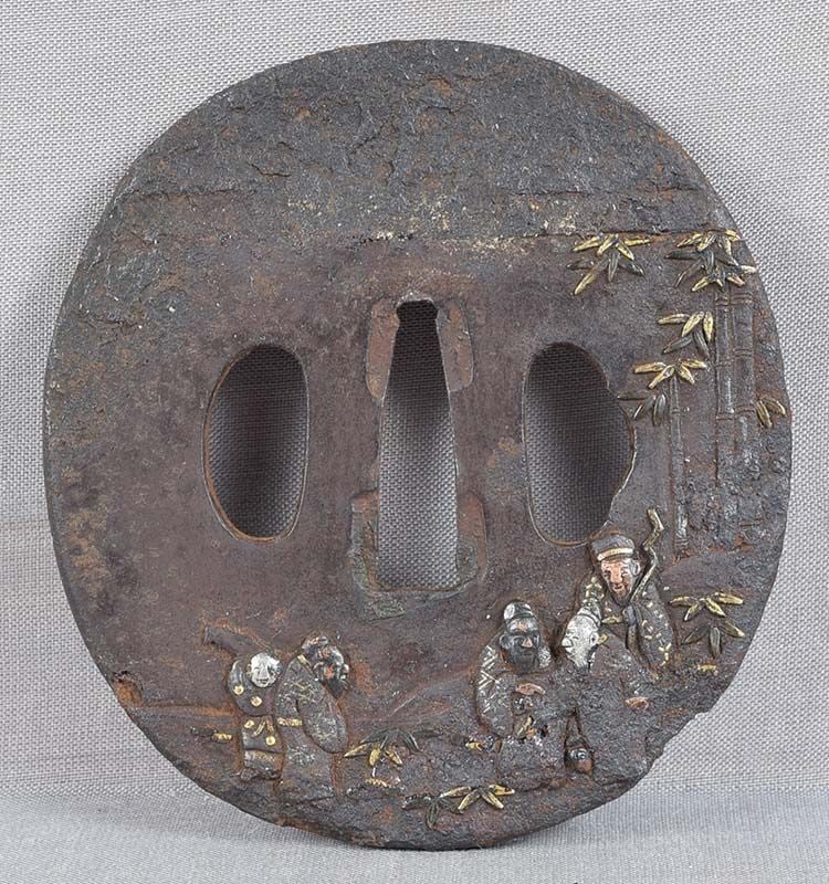 17/18c TSUBA inlaid SCHOLARS in bamboo grove (1 of 6)