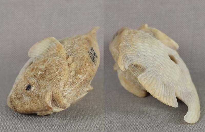 Vintage stag antler netsuke SWIMMING FISH by GYOKUZAN - 5