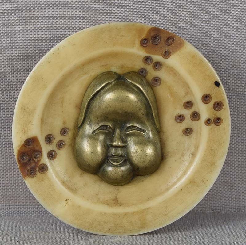 19c marine netsuke OKAME MASK in bowl (1 of 4)