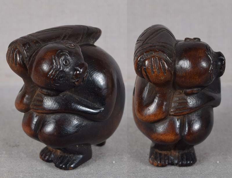 Early 19c netsuke thoughtful MONKEY with bamboo shoot - 3