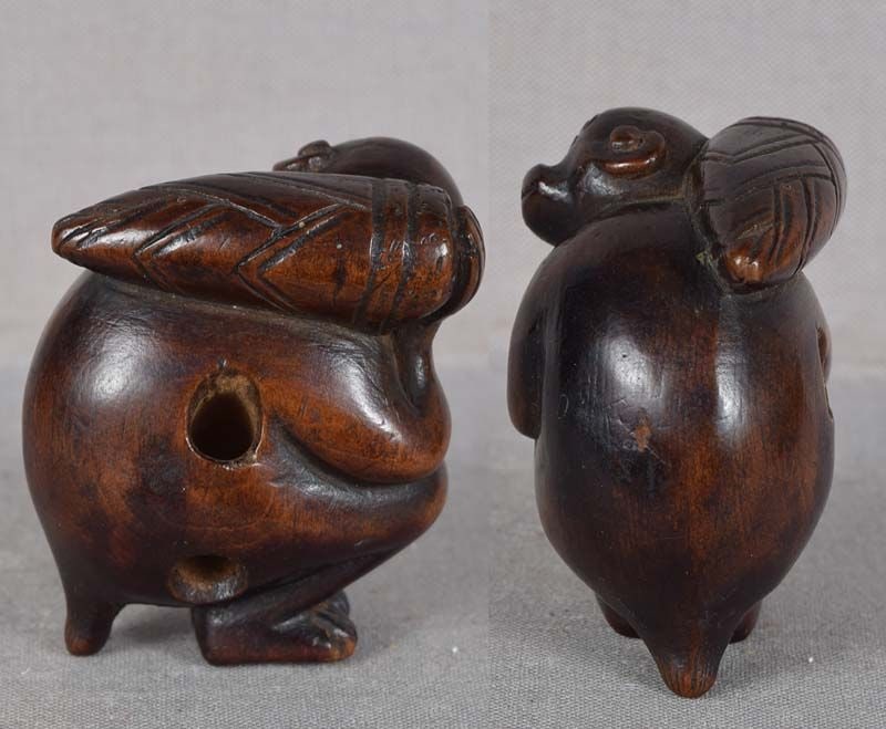 Early 19c netsuke thoughtful MONKEY with bamboo shoot - 4