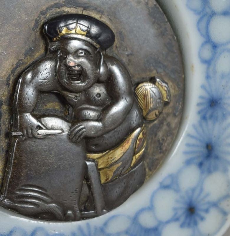 19c metal & porcelain netsuke DAIKOKU SHAVING head of FUKUROKUJU - 5