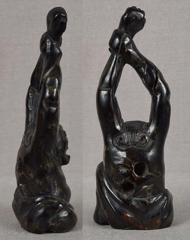 Early 19c black coral netsuke STRETCHING TENAGA (Long Arms) - 4