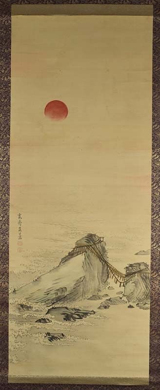 19c Japanese scroll painting WEDDED ROCKS by MORI KANSAI: Late 19th century Japanese scroll painting in ink and colors on silk depicting the sun rising above the sea over Meoto Iwa (the Wedded or Married Couple Rocks) - two rocky stacks in the sea off
