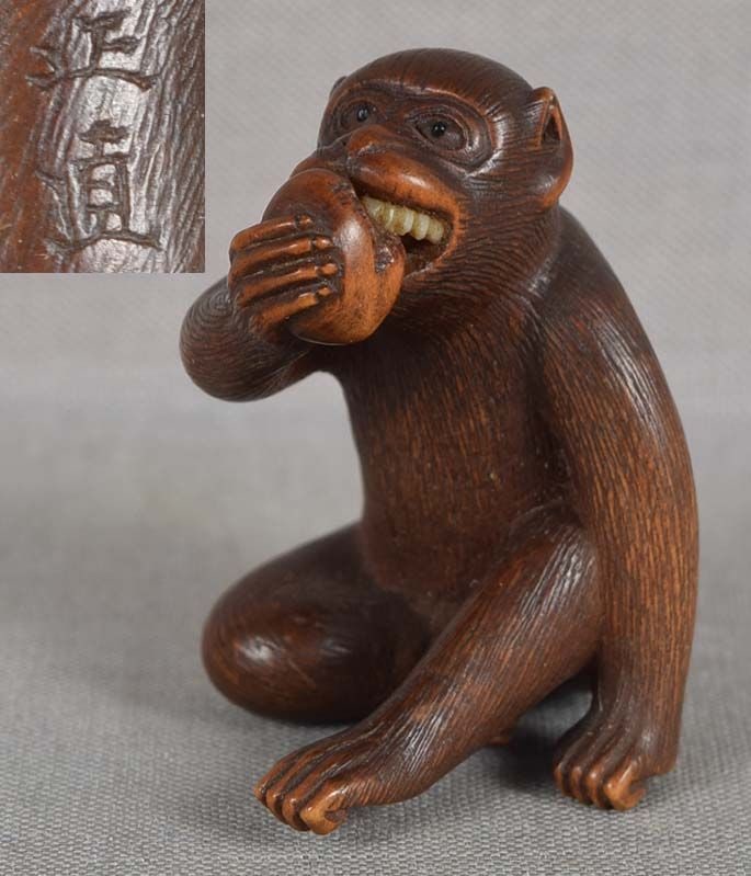 19c netsuke MONKEY with FRUIT by MASANAO (1 of 6)