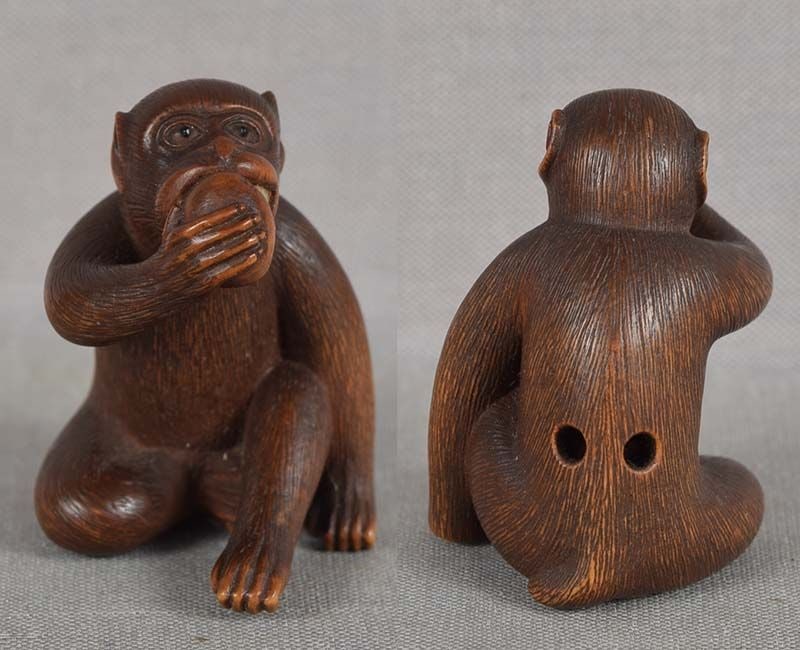 19c netsuke MONKEY with FRUIT by MASANAO - 3