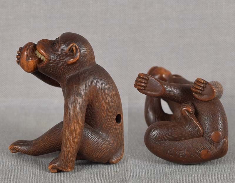 19c netsuke MONKEY with FRUIT by MASANAO - 5