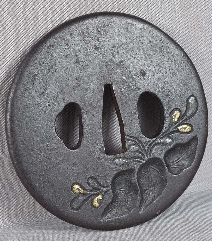 Large 18c Japanese sword TSUBA paulownia leaves & flowers - 4
