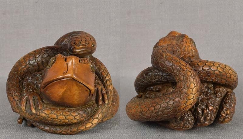 Vintage netsuke SNAKE & TOAD by YUSAN - 3