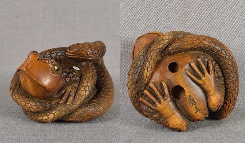 Vintage netsuke SNAKE & TOAD by YUSAN - 4