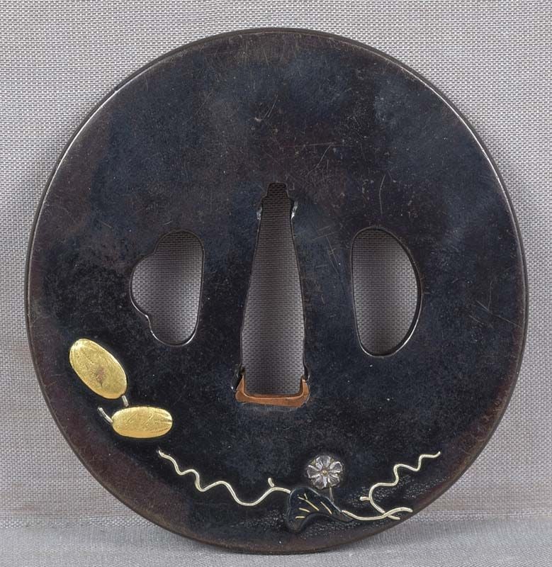 19c shakudo Japanese sword TSUBA man with lotus & bitter melons - 2