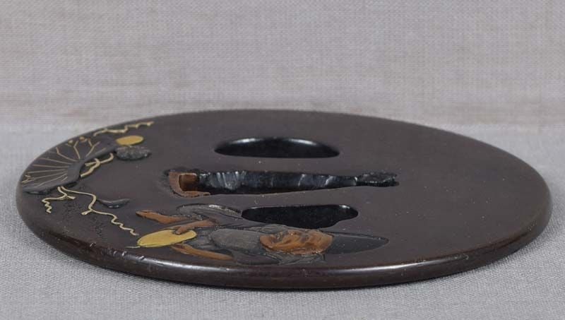 19c shakudo Japanese sword TSUBA man with lotus & bitter melons - 3