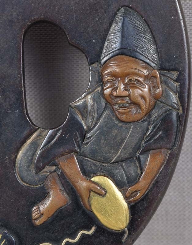 19c shakudo Japanese sword TSUBA man with lotus & bitter melons - 4