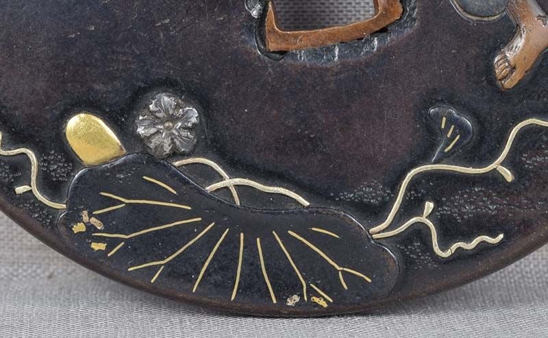 19c shakudo Japanese sword TSUBA man with lotus & bitter melons - 5