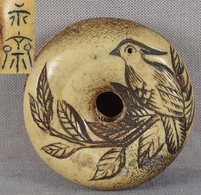 19c staghorn ASAKUSA netsuke WOODPECKER by EISAI: 19th century Asakusa school staghorn netsuke in manju (rice cake) shape decorated on the front with a low relief carving of a bird (possibly a woodpecker) on a tree branch. Beautifully carved, eye