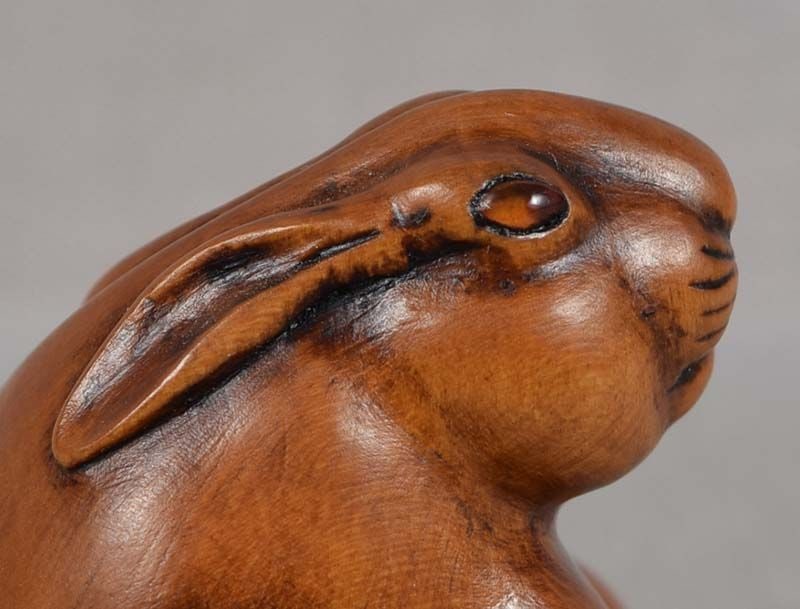 19c netsuke RABBIT & YOUNG amber eyes by SHUZAN - 2
