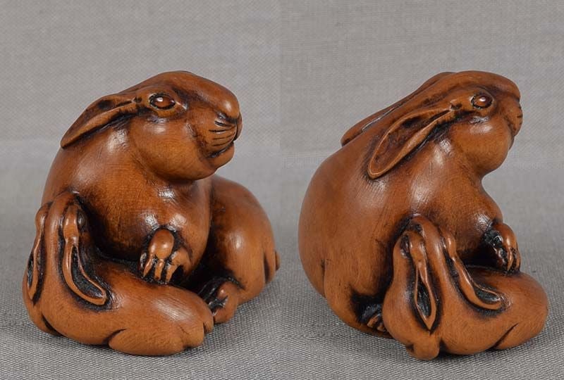 19c netsuke RABBIT & YOUNG amber eyes by SHUZAN - 3