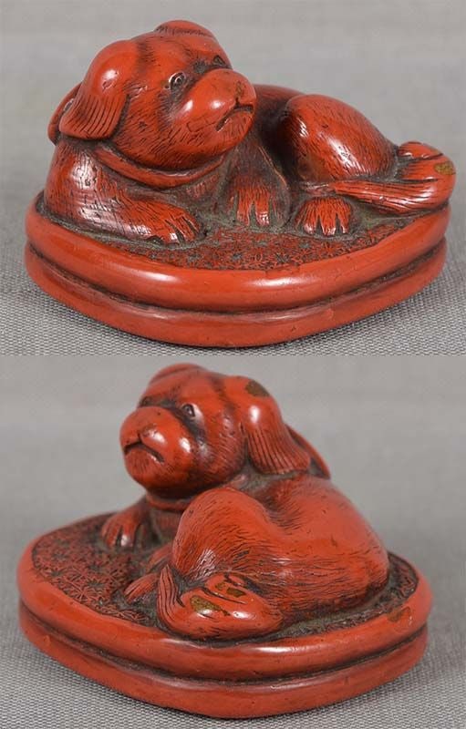 19c lacquer netsuke PUPPY on brocade cushion - 2