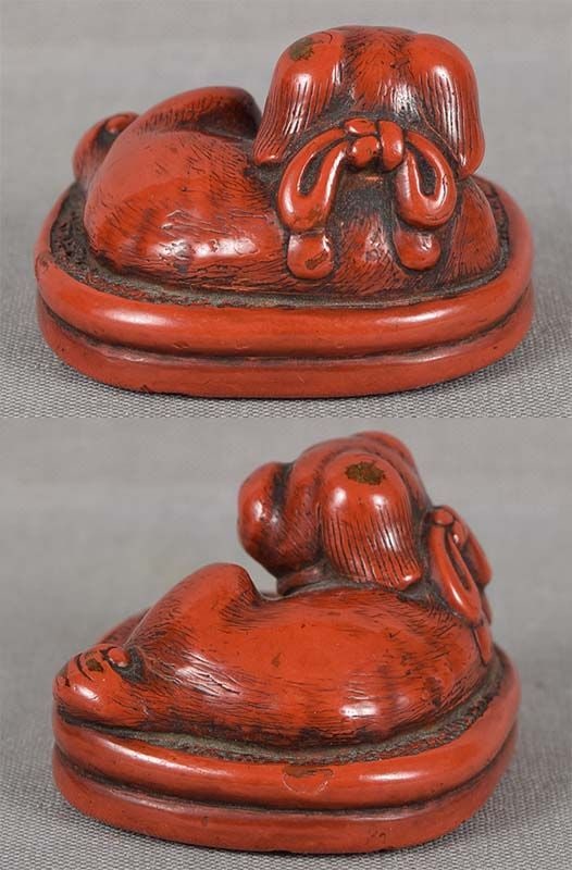 19c lacquer netsuke PUPPY on brocade cushion - 3