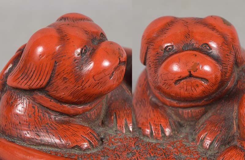 19c lacquer netsuke PUPPY on brocade cushion - 6