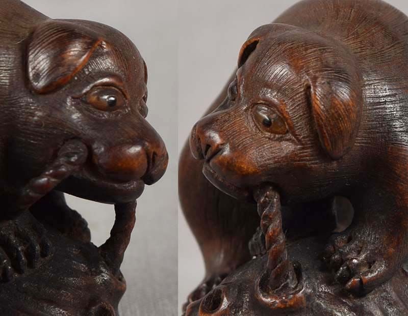 19c netsuke PUPPY on ABALONE shell by TOYOMASA - 2