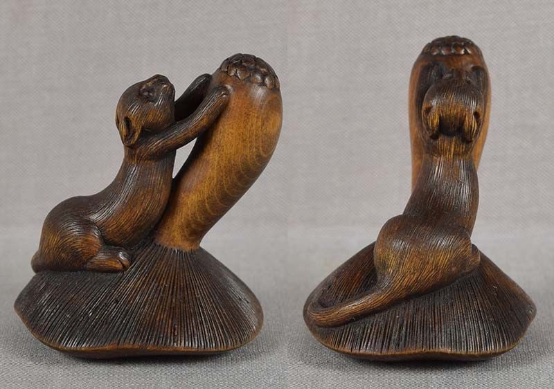 Late 19c netsuke CAT stretching on mushroom inlaid eyes - 3
