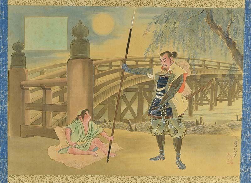 19c Japanese scroll painting YOSHITSUNE & BENKEI on Gojo Bridge (1 of 6)