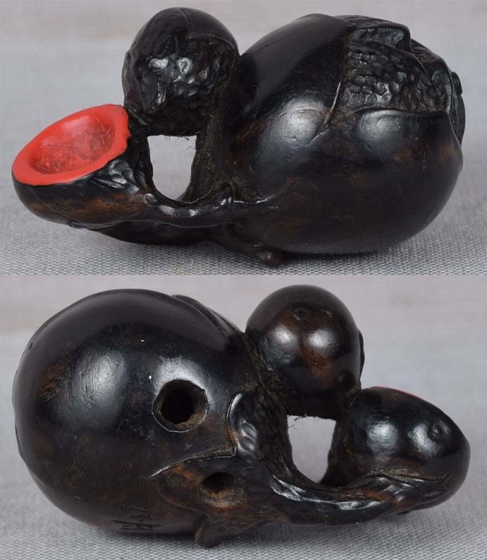 19c netsuke EGGPLANTS & SAKE CUP by MASAYUKI - 2