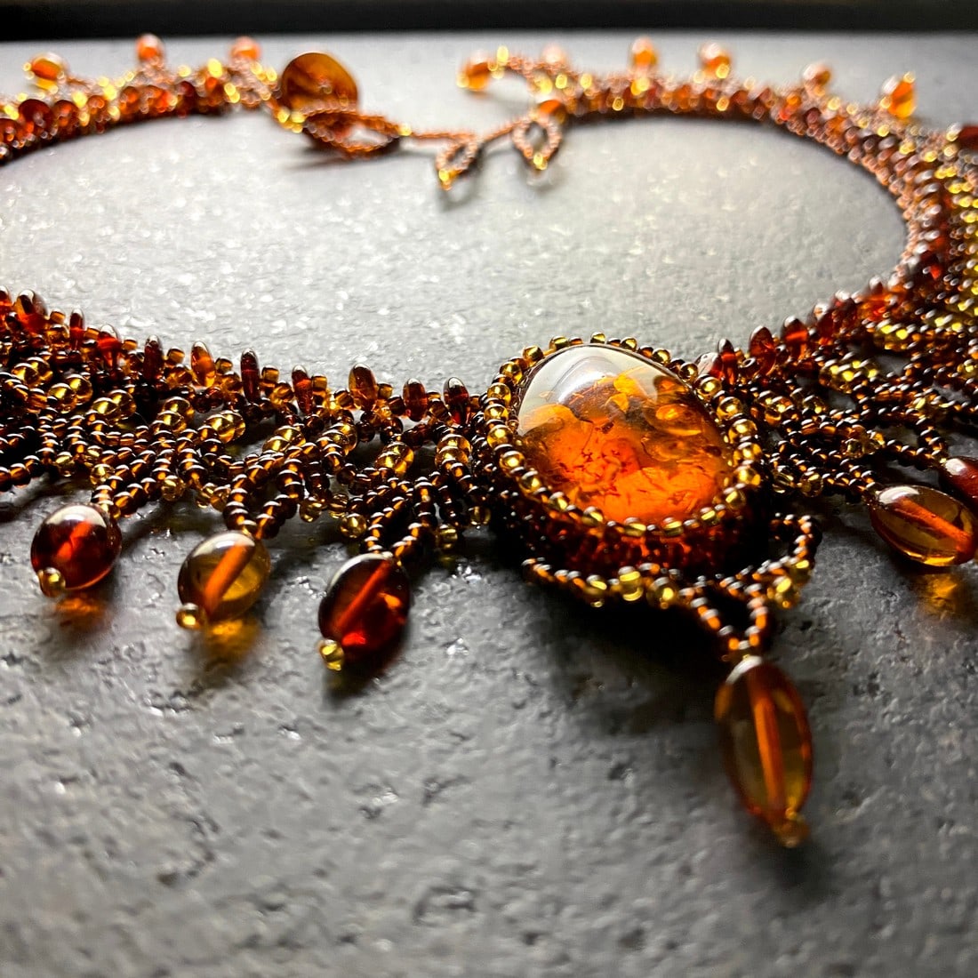 Outstanding Unique Vintage Amber Floral Necklace made from leaf like bead ornaments - 3