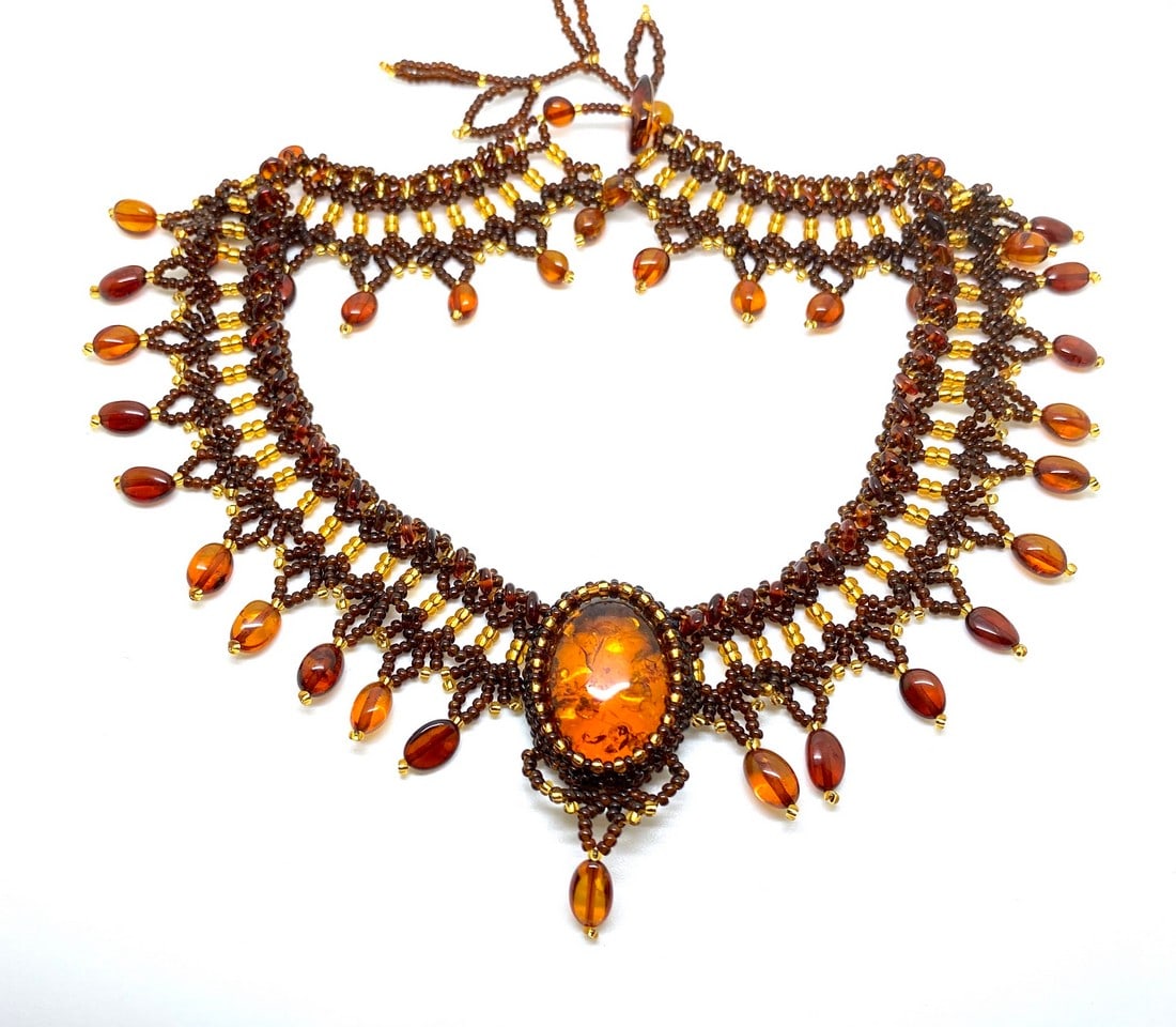 Outstanding Unique Vintage Amber Floral Necklace made from leaf like bead ornaments - 6