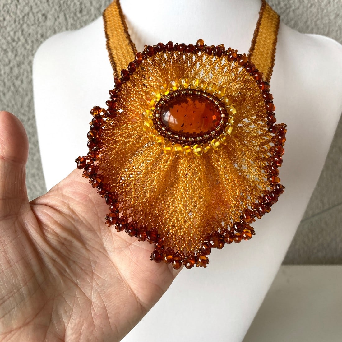Unique and Alluring Amber Floral Necklace made from leaf like bead ornaments - 3